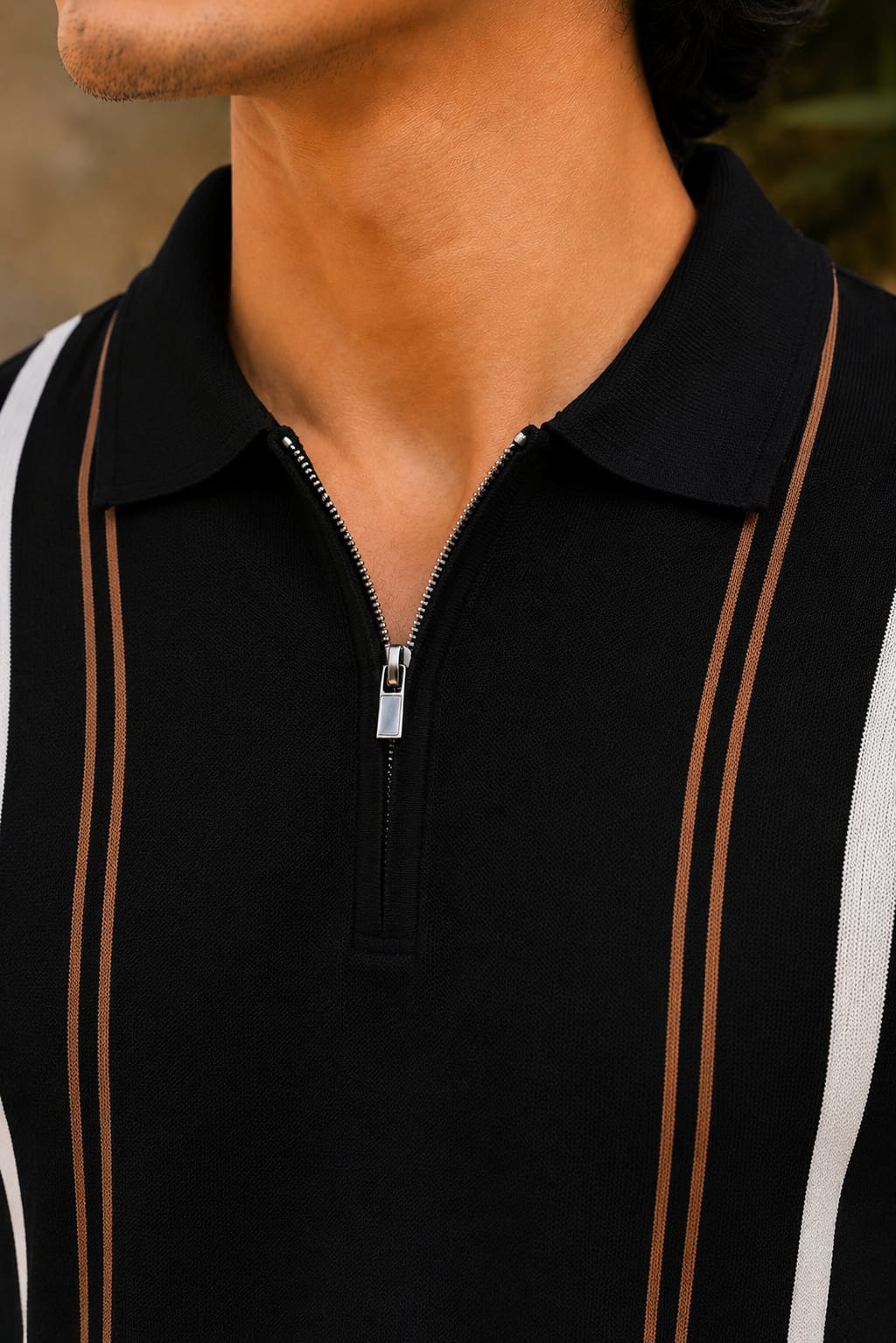 Luxe Stripe Zip Polo – Black