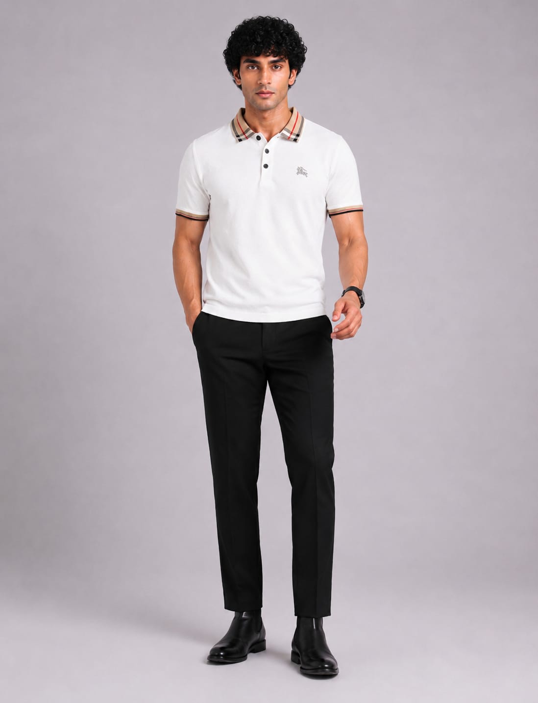 Check Collar Embroidered Polo T-Shirt – White