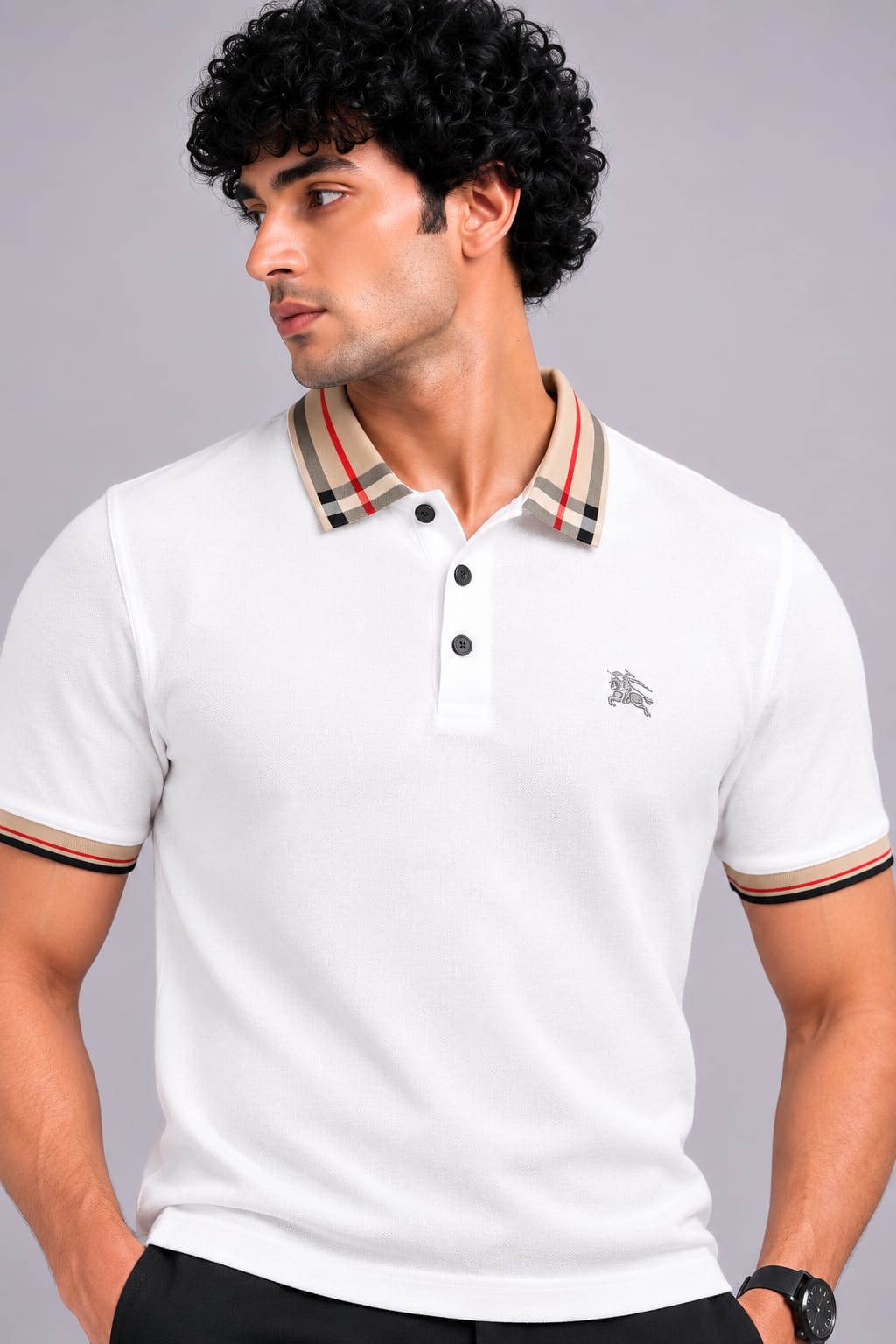 Check Collar Embroidered Polo T-Shirt – White