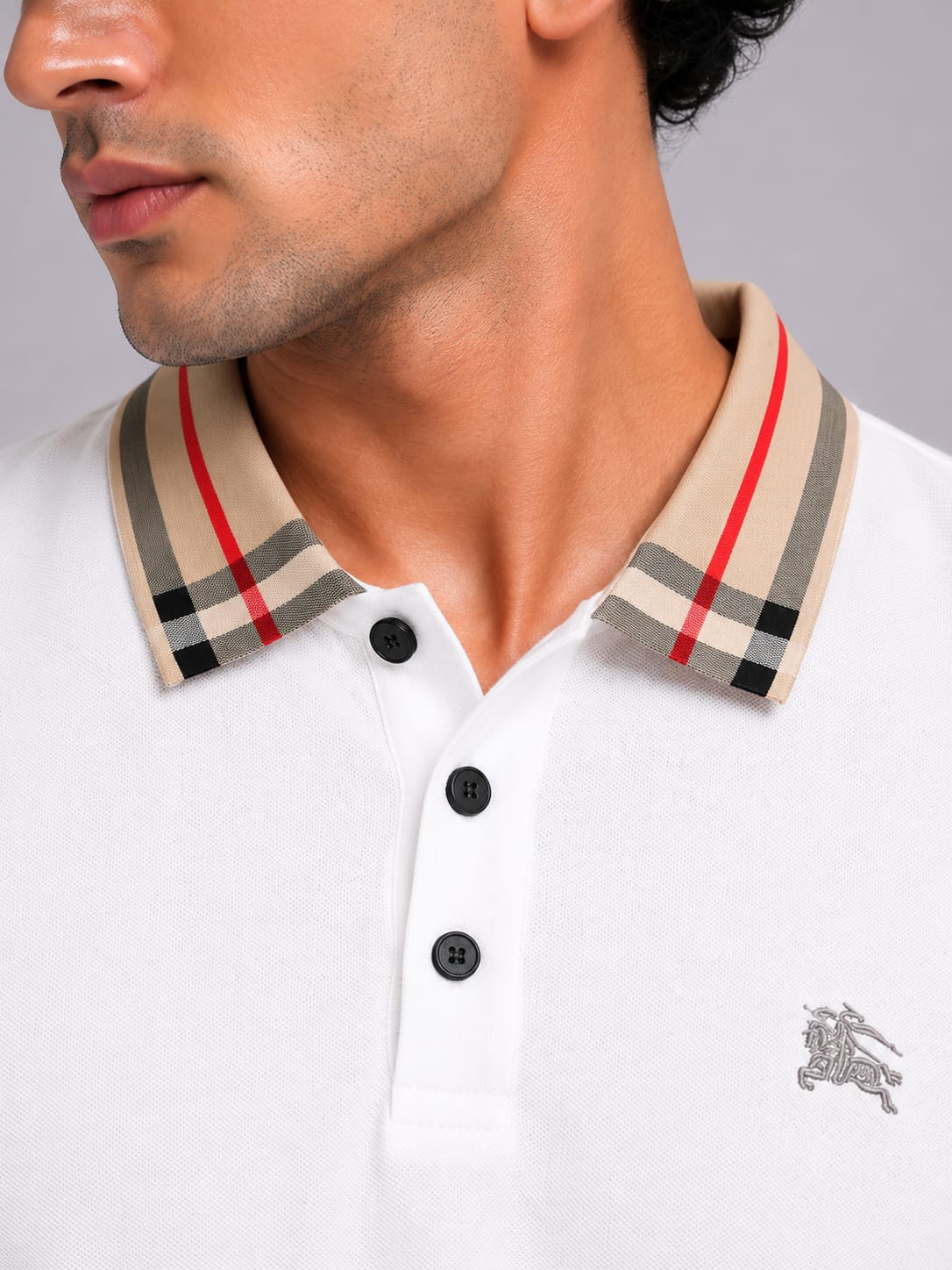 Check Collar Embroidered Polo T-Shirt – White