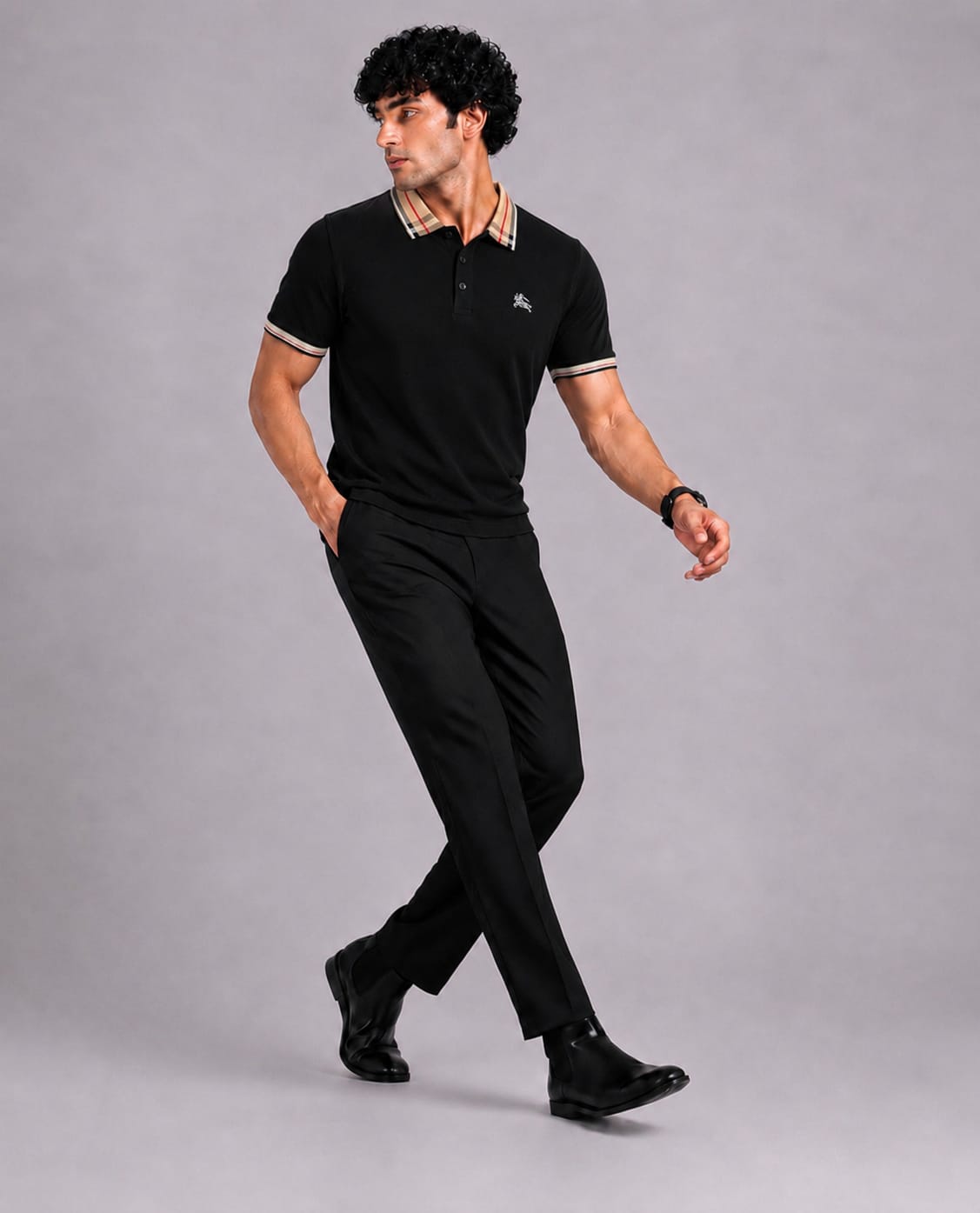 Check Collar Embroidered Polo T-Shirt – Black