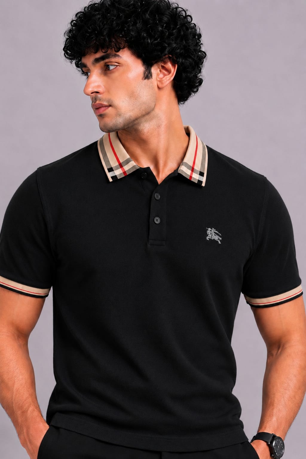 Check Collar Embroidered Polo T-Shirt – Black