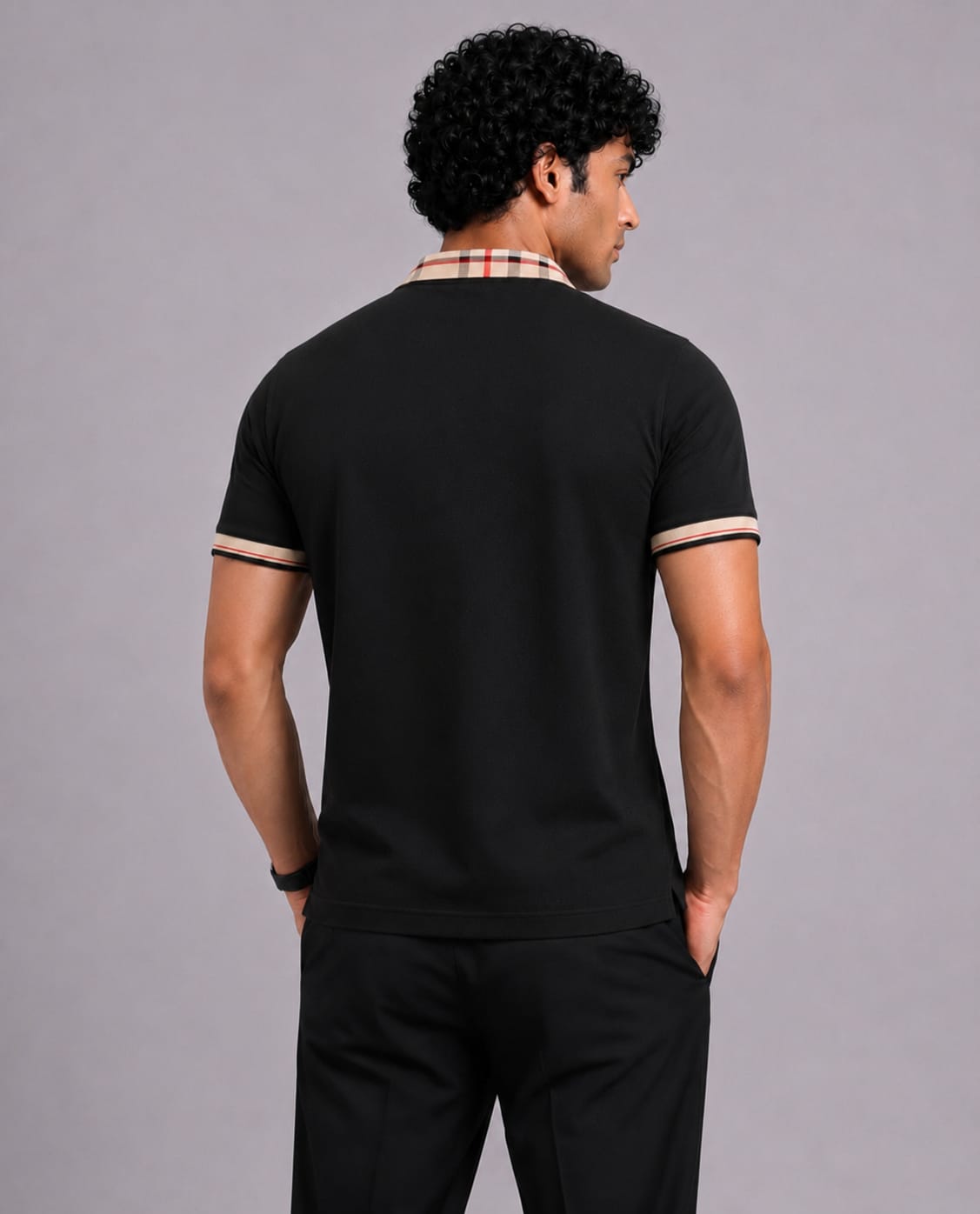 Check Collar Embroidered Polo T-Shirt – Black