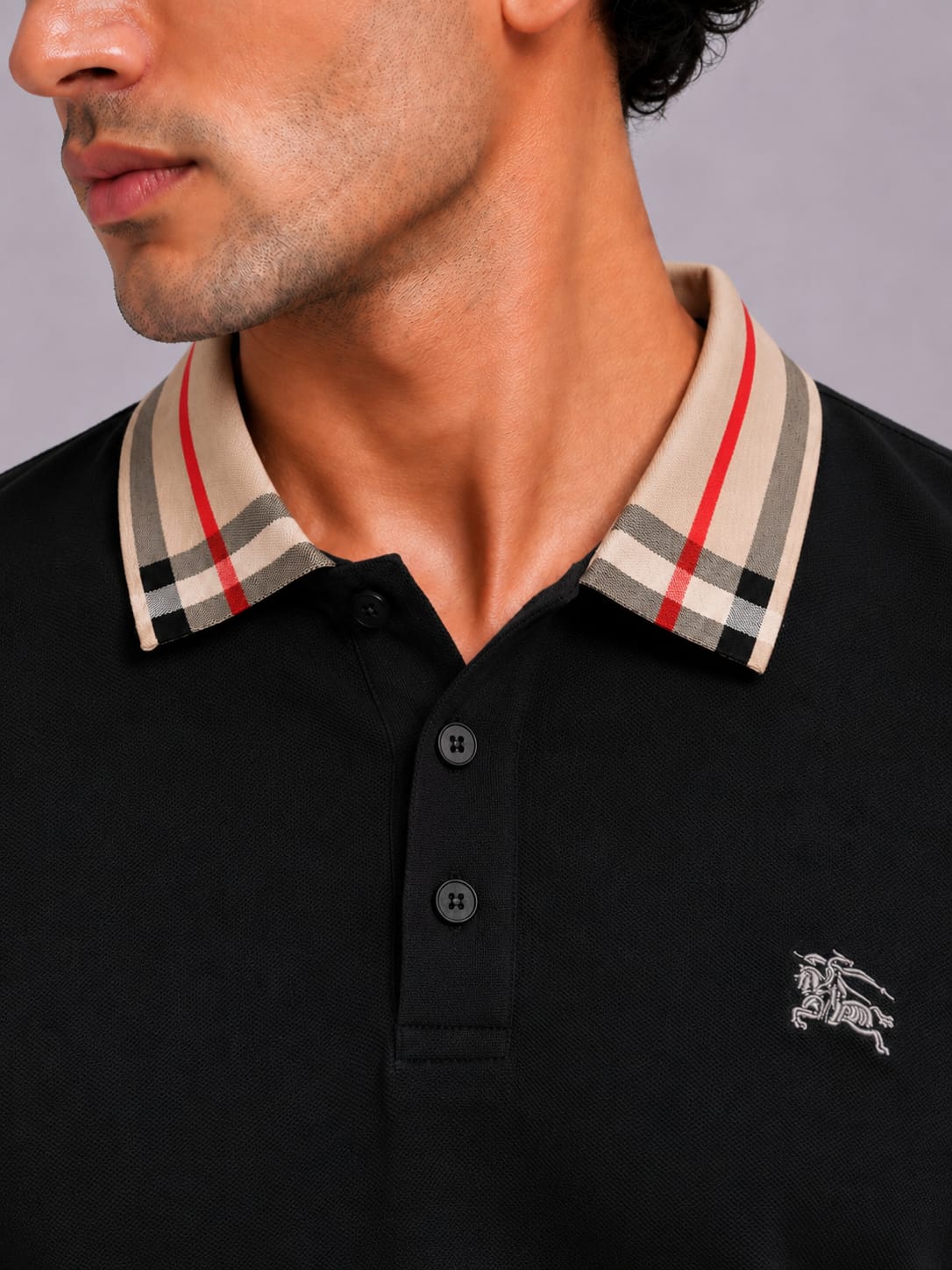 Check Collar Embroidered Polo T-Shirt – Black