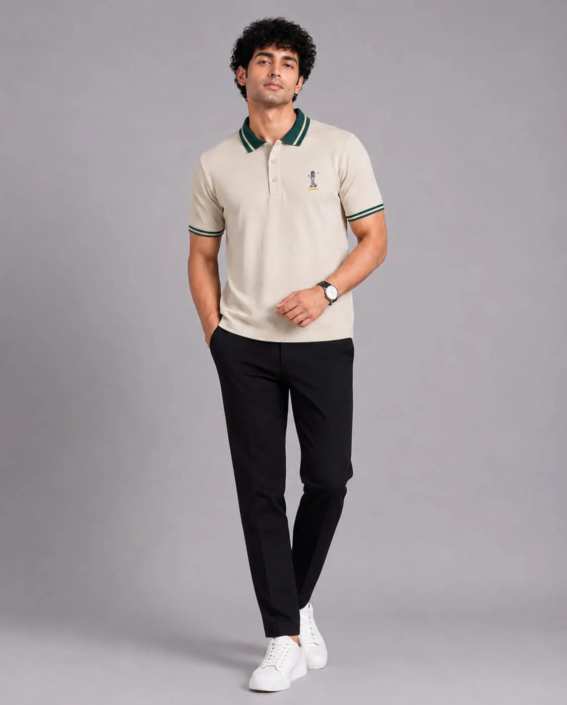 Golf Embroidered Contrast Polo T-Shirt – Beige