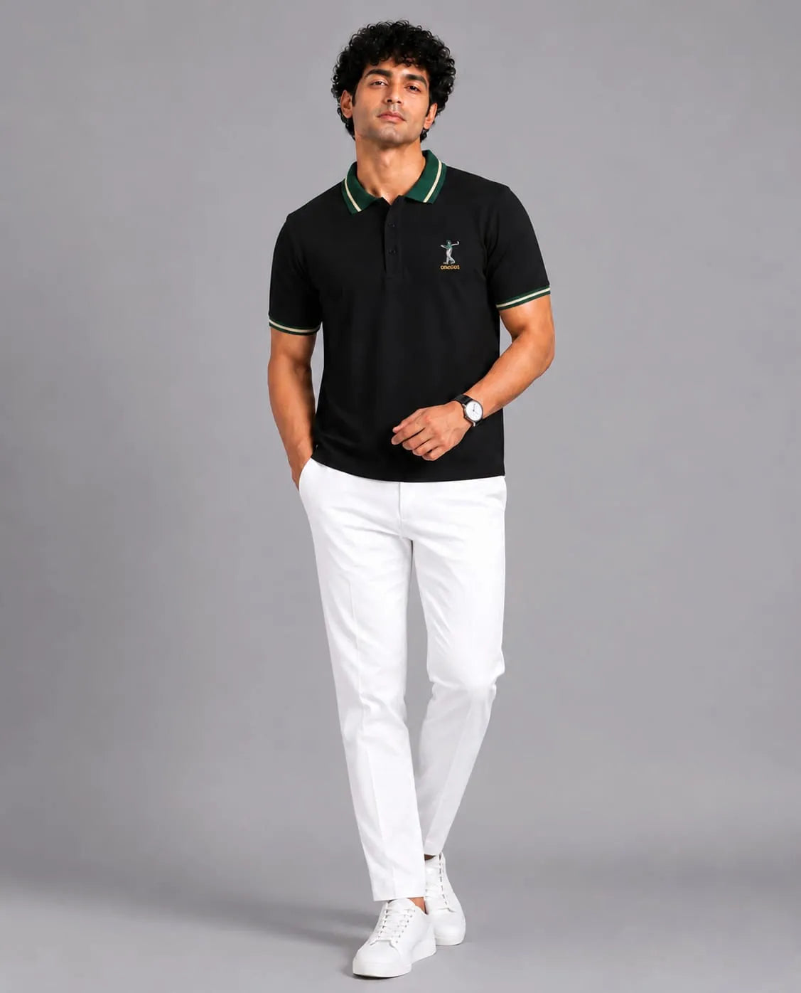 Golf Embroidered Contrast Polo T-Shirt – Black