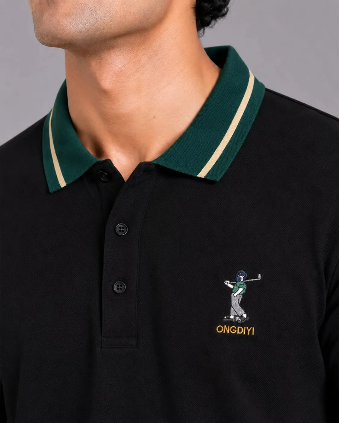 Golf Embroidered Contrast Polo T-Shirt – Black