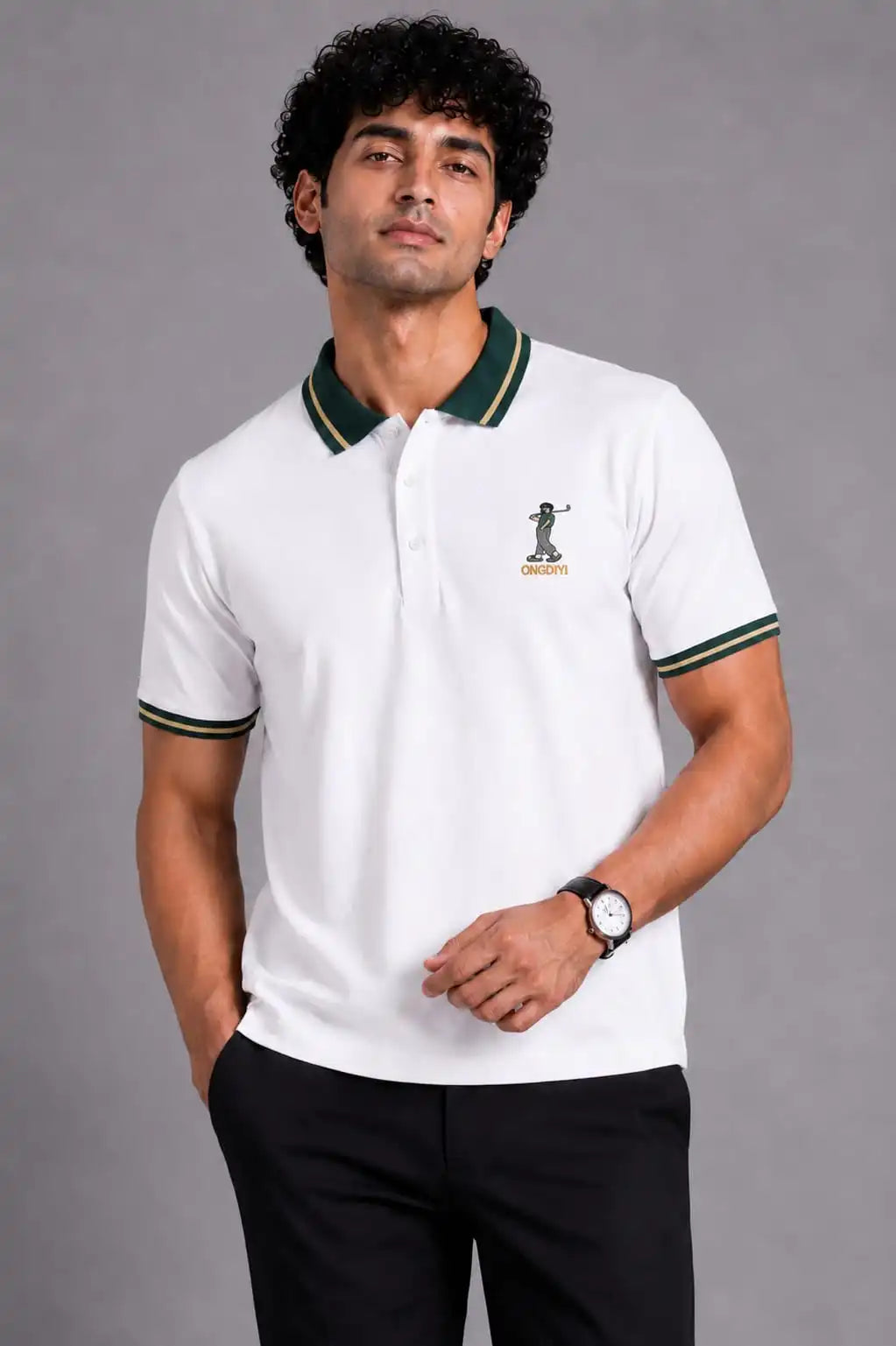 Golf Embroidered Contrast Polo T-Shirt – White