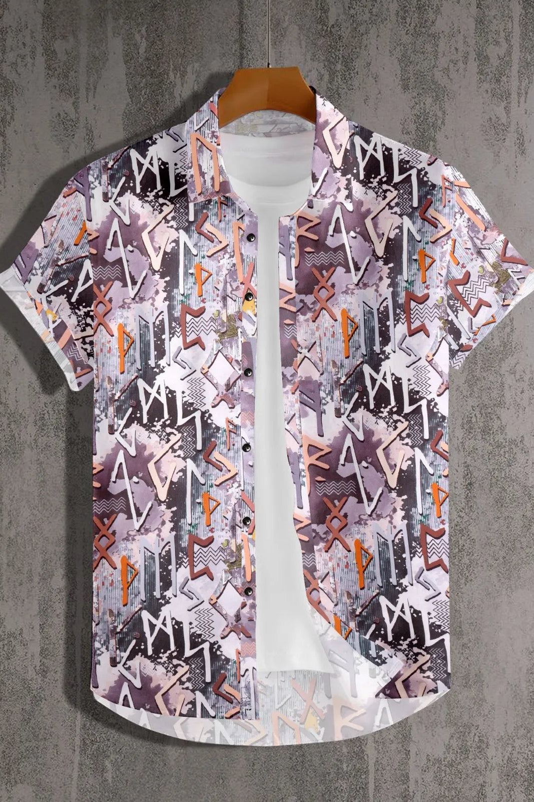 Short-sleeve shirt with geometric pattern on a textured gray background