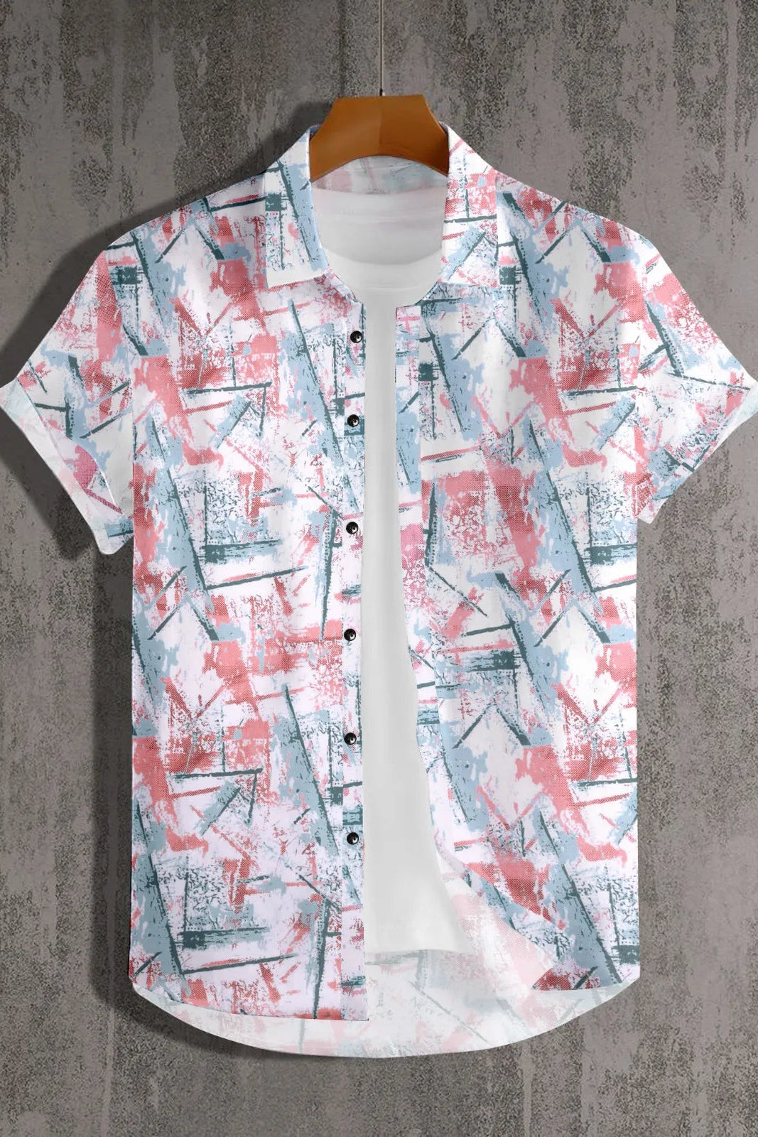 Short-sleeve shirt with abstract pattern on a textured gray background