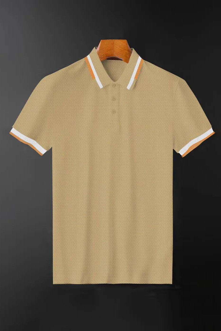 Beige polo shirt with white and orange trim on a black background