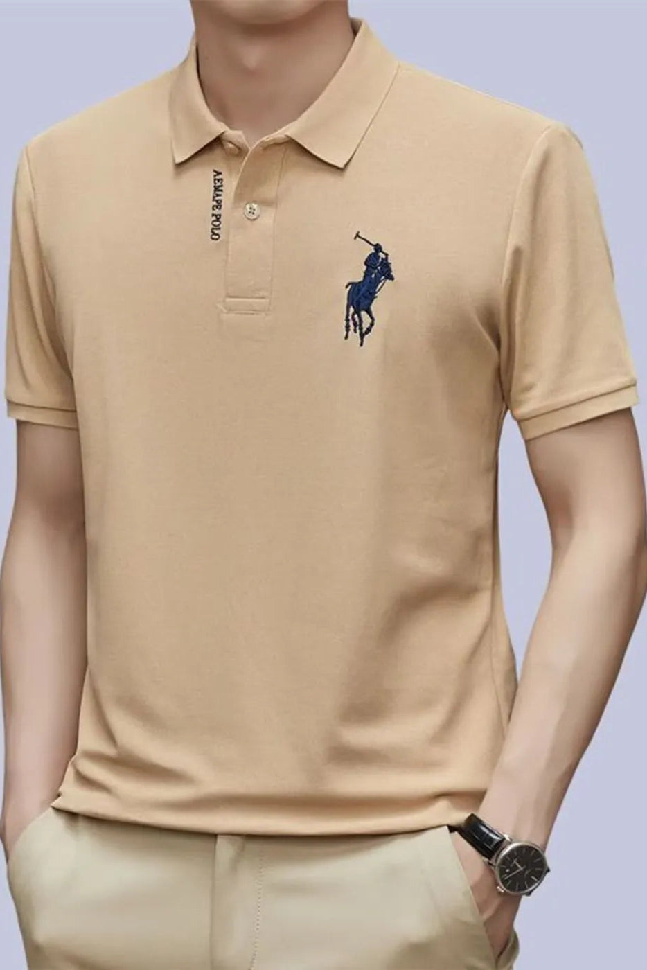 Beige polo shirt with a logo on a light gray background