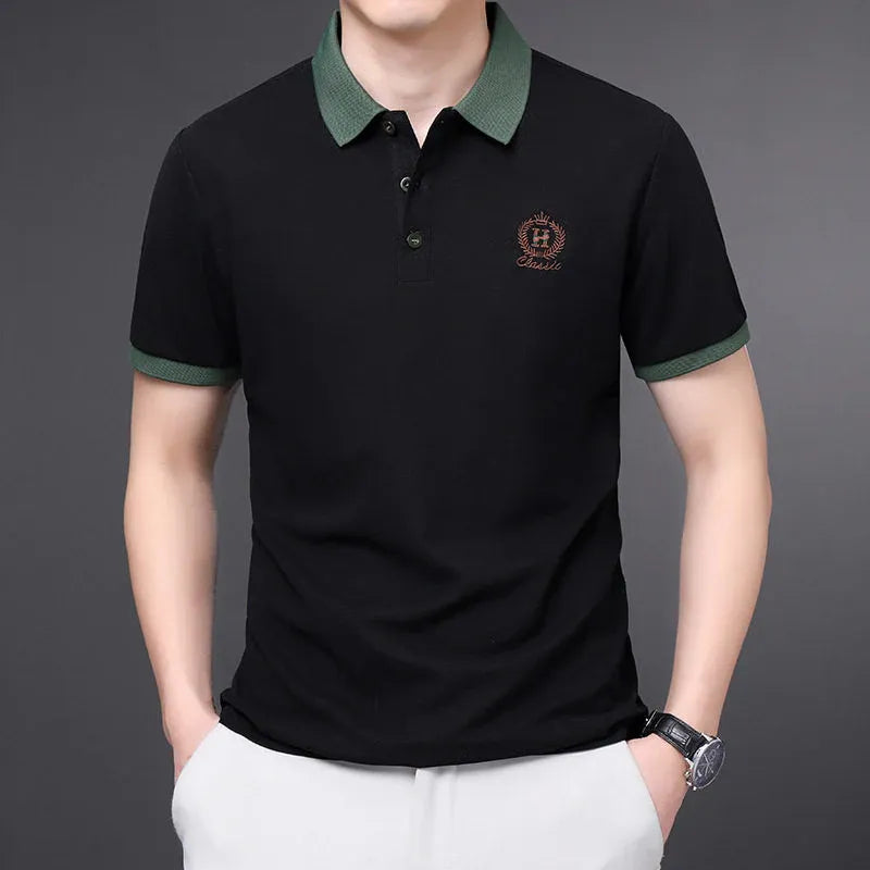 Contrast Collar Embroidered Polo T-Shirt – Black