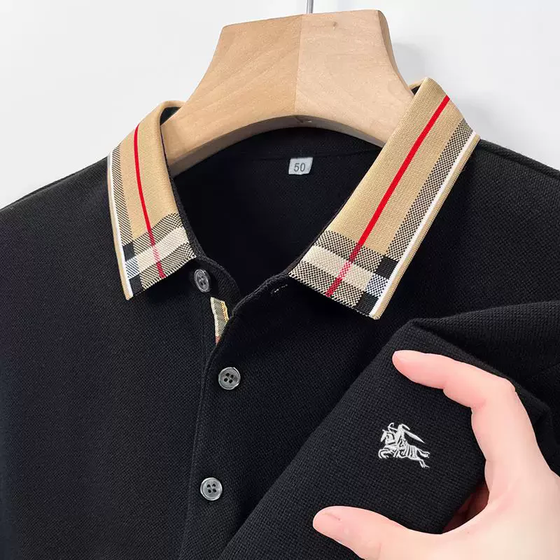 Check Collar Embroidered Polo T-Shirt – Black
