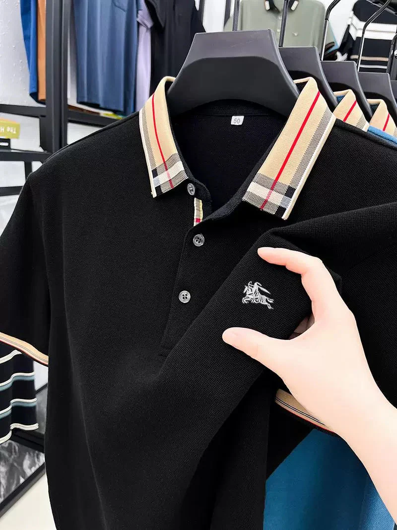 Check Collar Embroidered Polo T-Shirt – Black