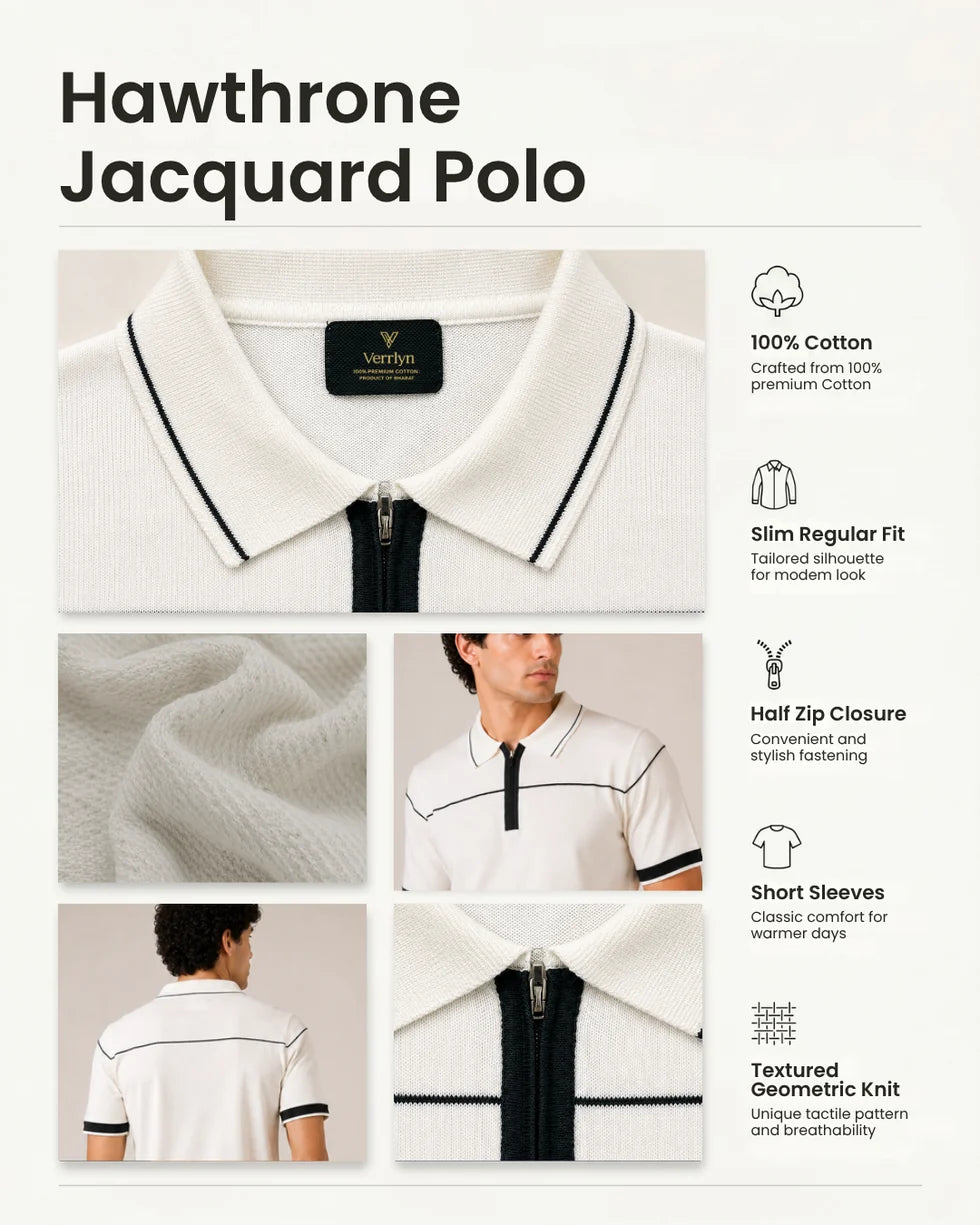 Product detail panel showing the off-white zip polo collar, piping, cuffs and knit texture