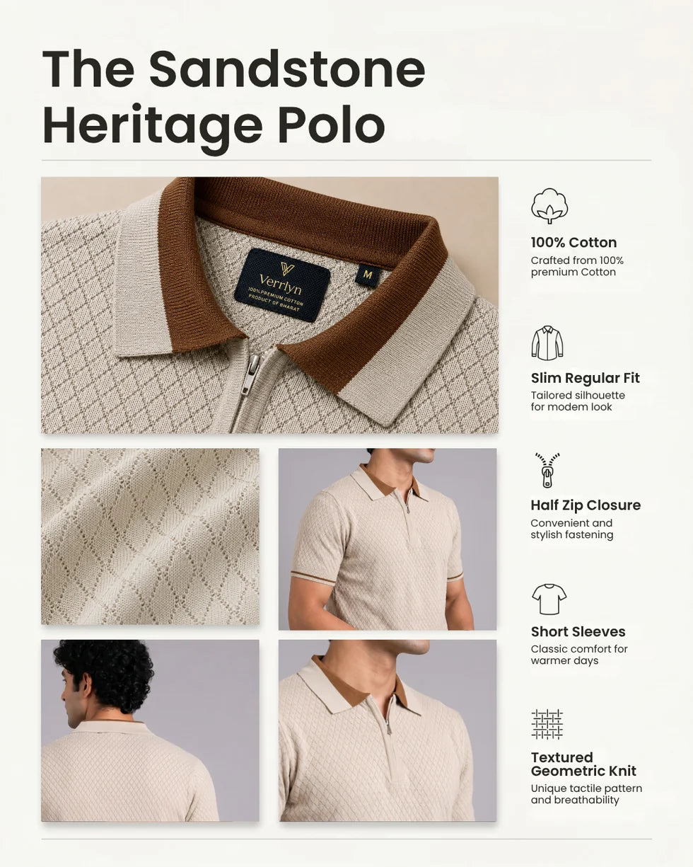 Product detail panel showing the sandstone diamond jacquard polo, collar and sleeve details