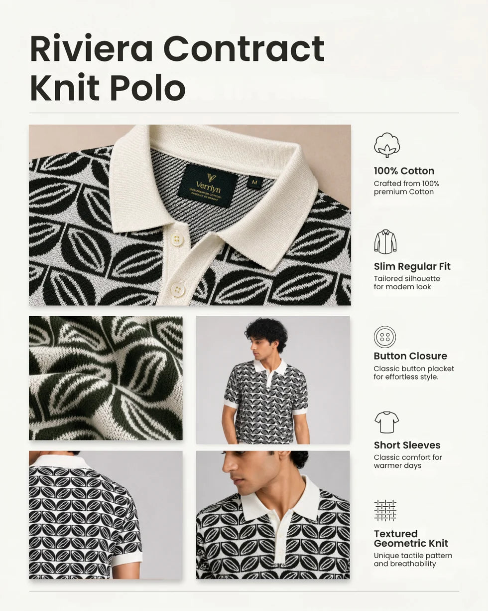 Product detail panel showing the deep green and white leaf-jacquard polo, contrast collar and short sleeves