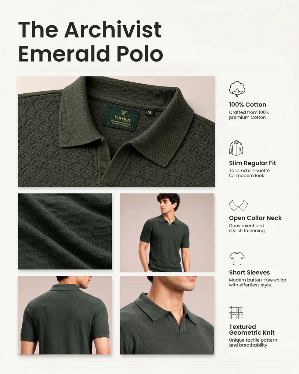 Product detail panel showing the emerald green tonal textured knit polo, collar and sleeve details