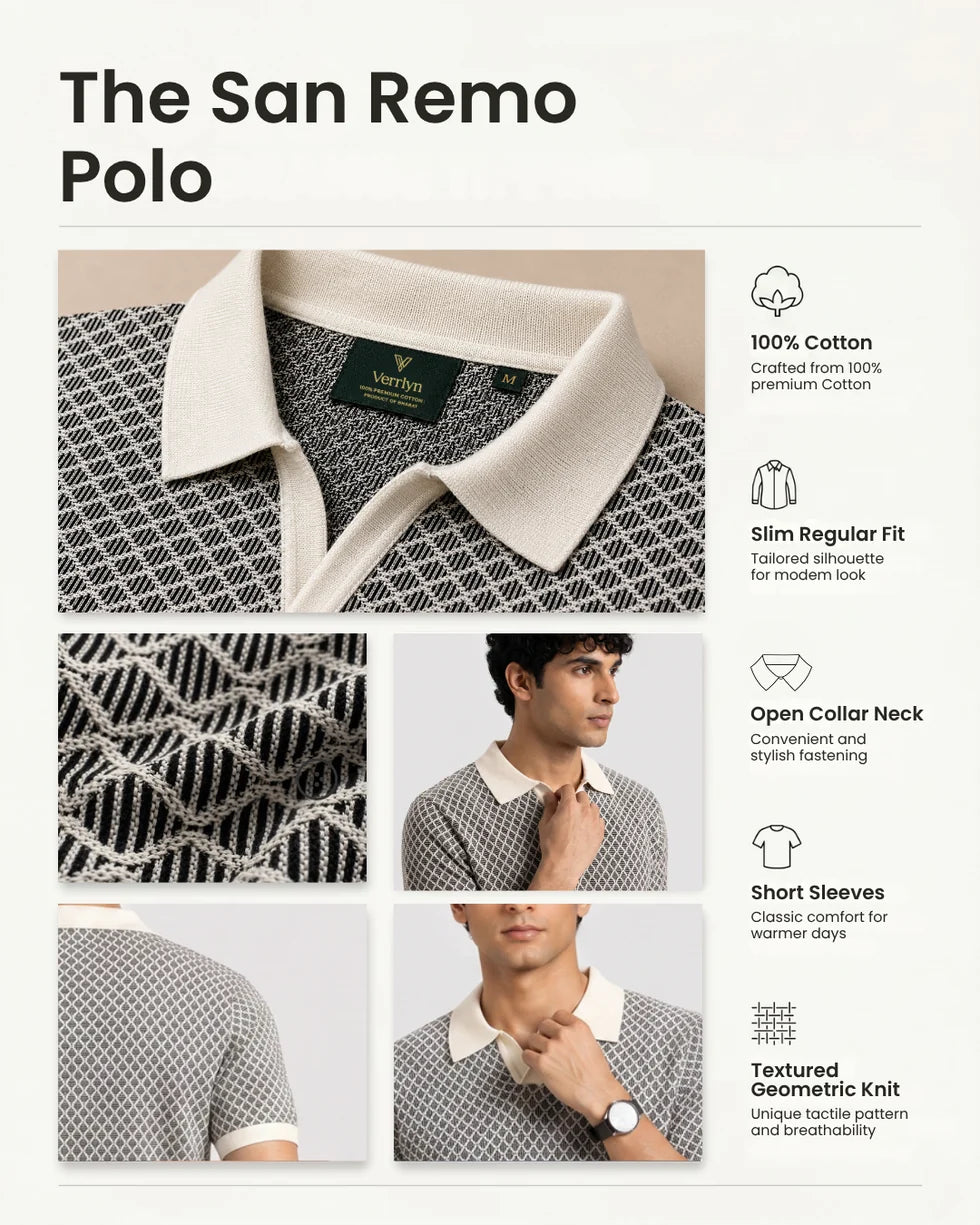 Product detail panel showing the black and white diamond jacquard polo, collar and sleeve details