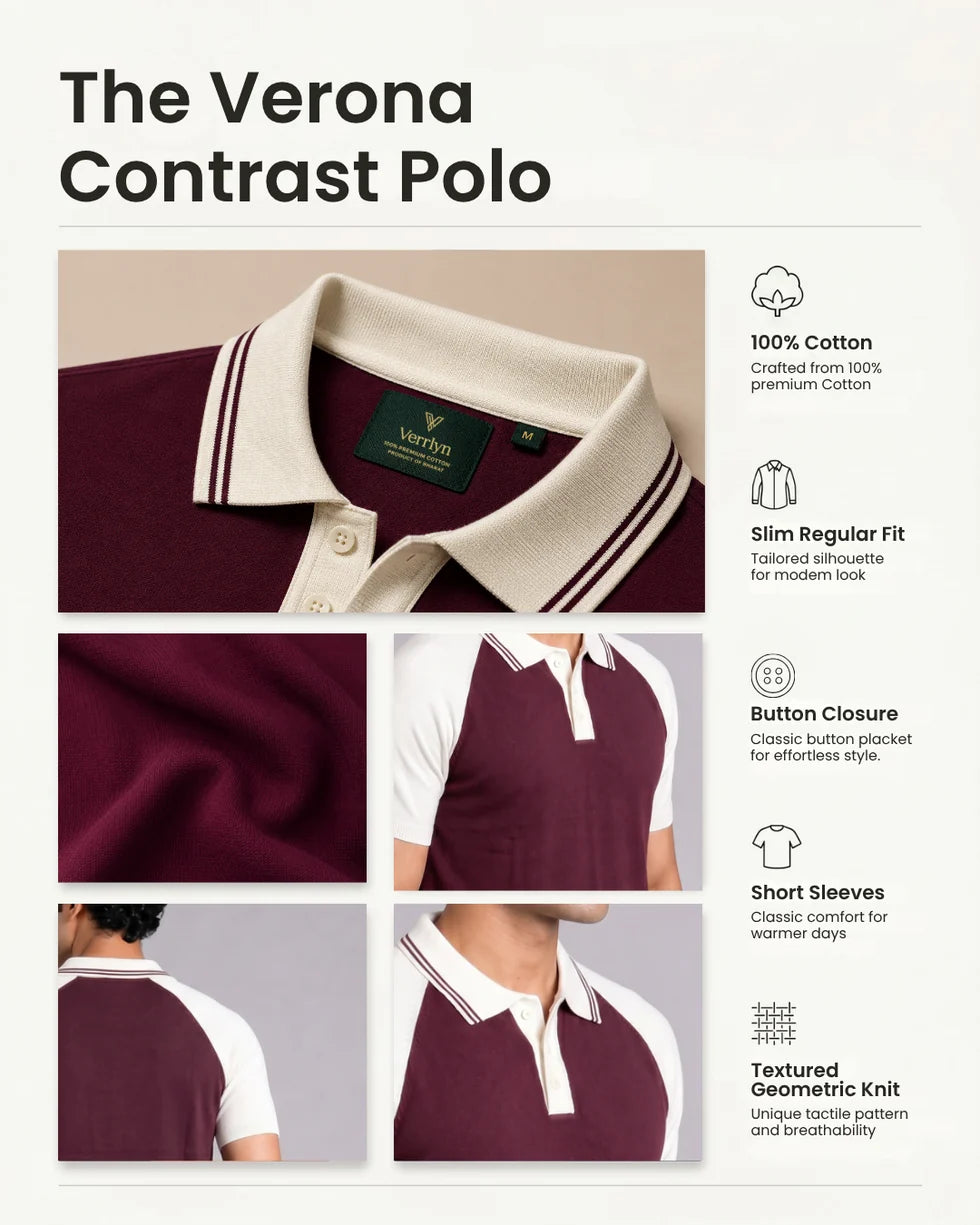 Product detail panel showing the maroon and white colourblock knit polo, collar and sleeve details