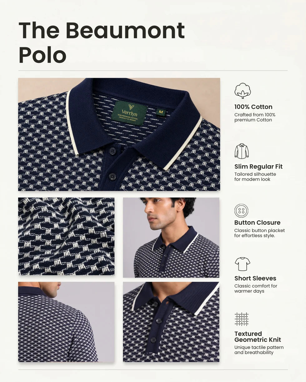 Product detail panel showing the navy and white small-scale geometric jacquard polo and its collar details