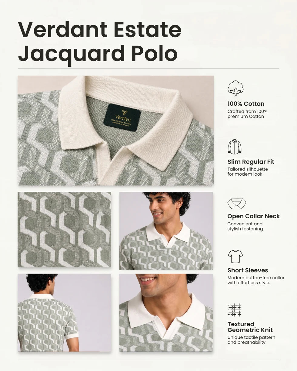 Product detail panel showing the sage green and off-white interlocking geometric jacquard polo, collar and sleeve details