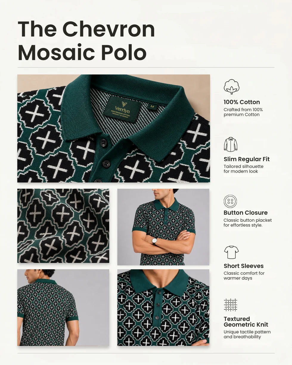 Product detail panel showing the deep teal green and white mosaic geometric jacquard polo, collar and sleeve details