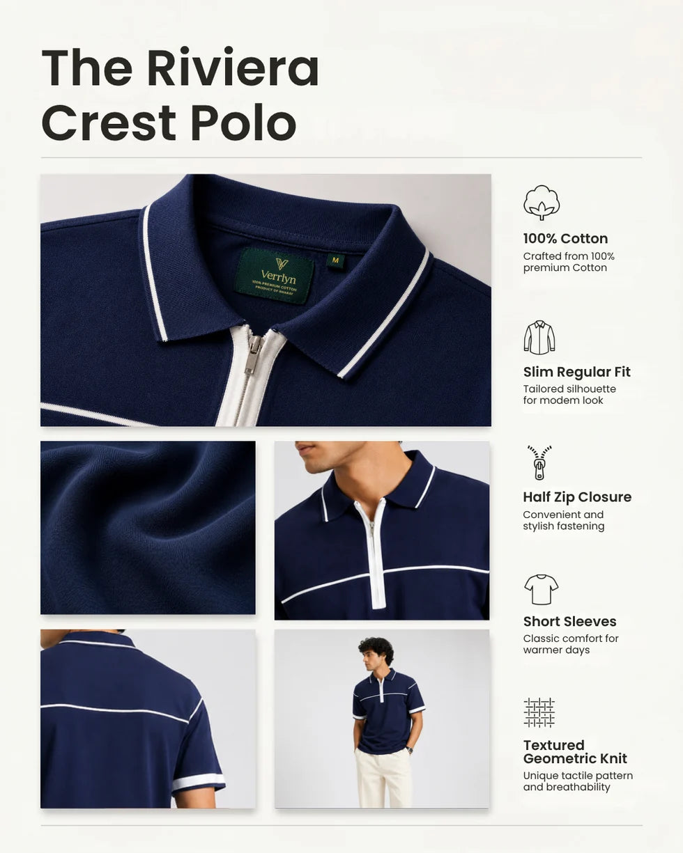 Product detail panel of the navy polo showing its zip collar, white piping and short sleeves