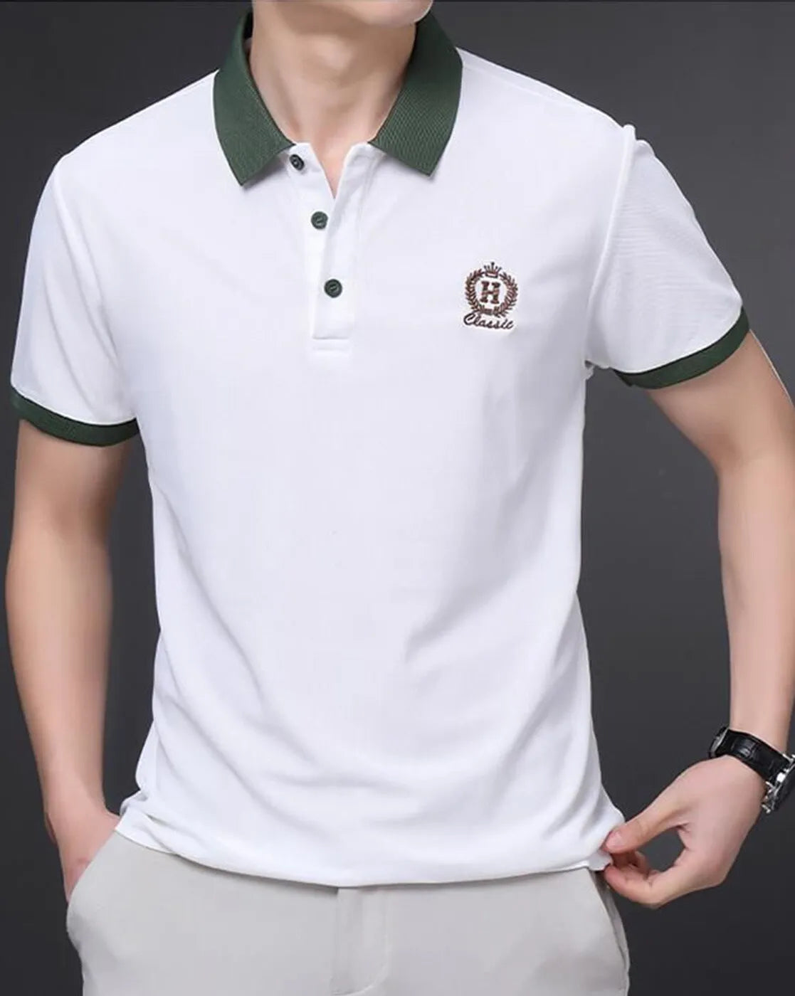 Contrast Collar Embroidered Polo T-Shirt – White